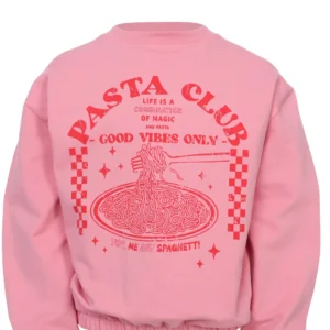 Zachte roze sweater met vrolijke pasta opdruk voor kinderen.